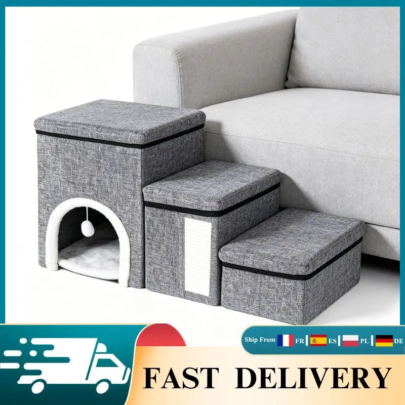 Foldable pet stairs with cozy hideaway for senior dogs and cats